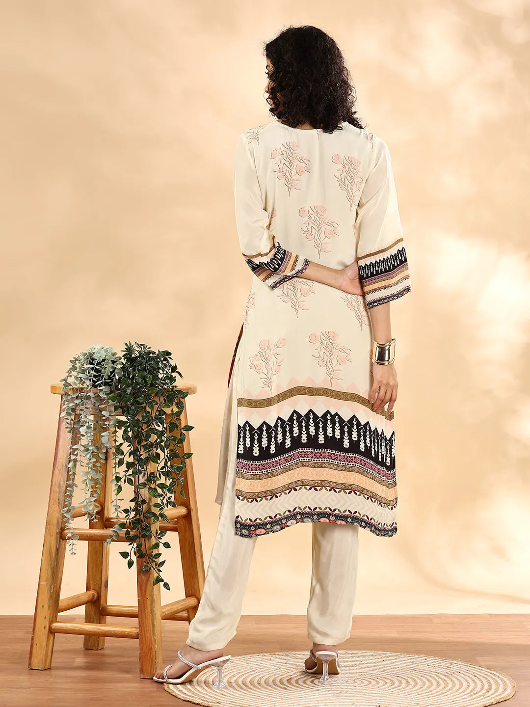 Yufta Cream And Black Pure Silk Sequins Work Straight Kurta Dupatta Pant Set - Distacart