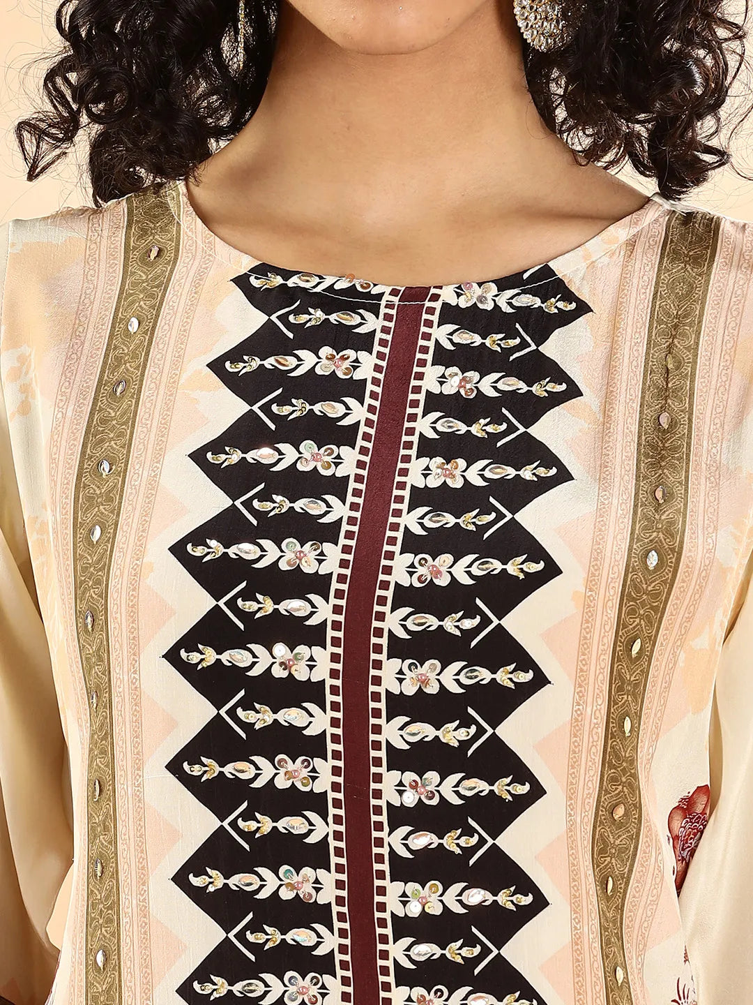 Yufta Cream And Black Pure Silk Sequins Work Straight Kurta Dupatta Pant Set - Distacart