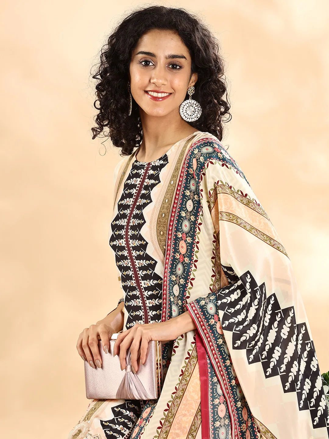 Yufta Cream And Black Pure Silk Sequins Work Straight Kurta Dupatta Pant Set - Distacart