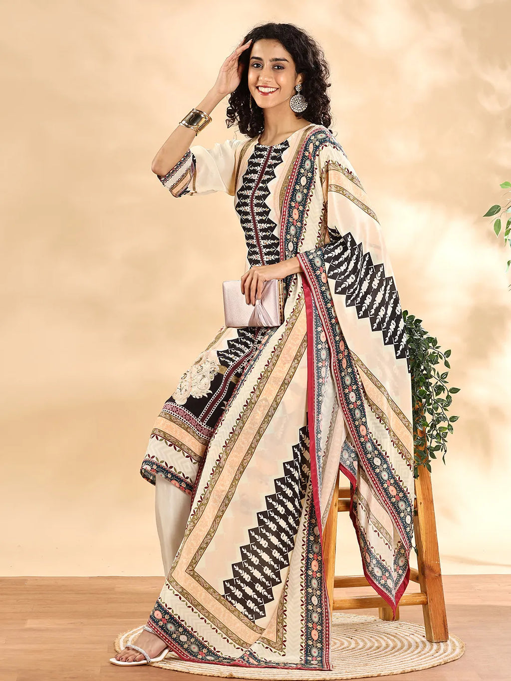 Yufta Cream And Black Pure Silk Sequins Work Straight Kurta Dupatta Pant Set - Distacart