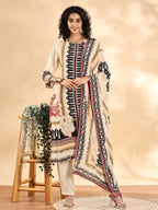 Yufta Cream And Black Pure Silk Sequins Work Straight Kurta Dupatta Pant Set - Distacart