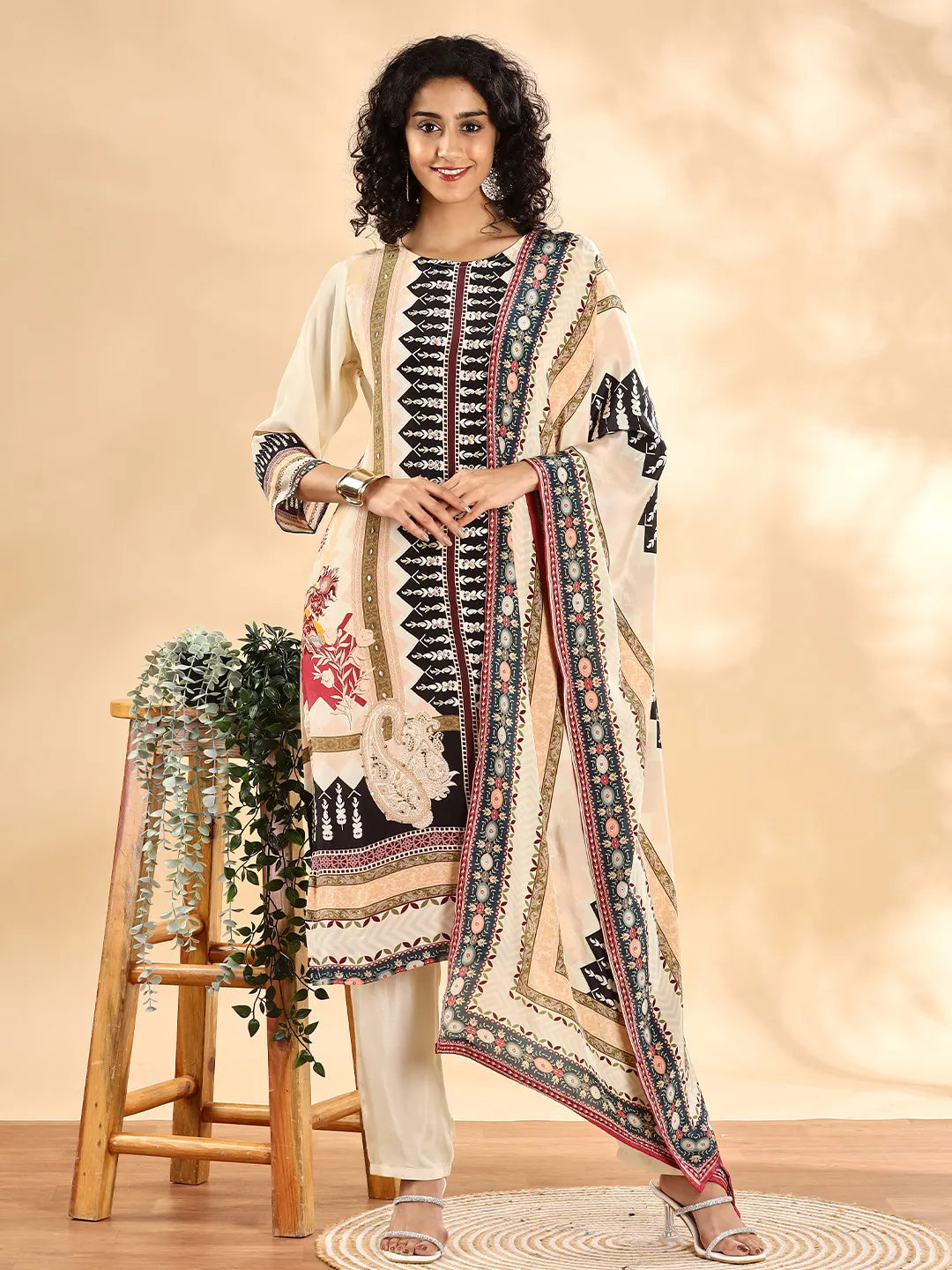 Yufta Cream And Black Pure Silk Sequins Work Straight Kurta Dupatta Pant Set - Distacart