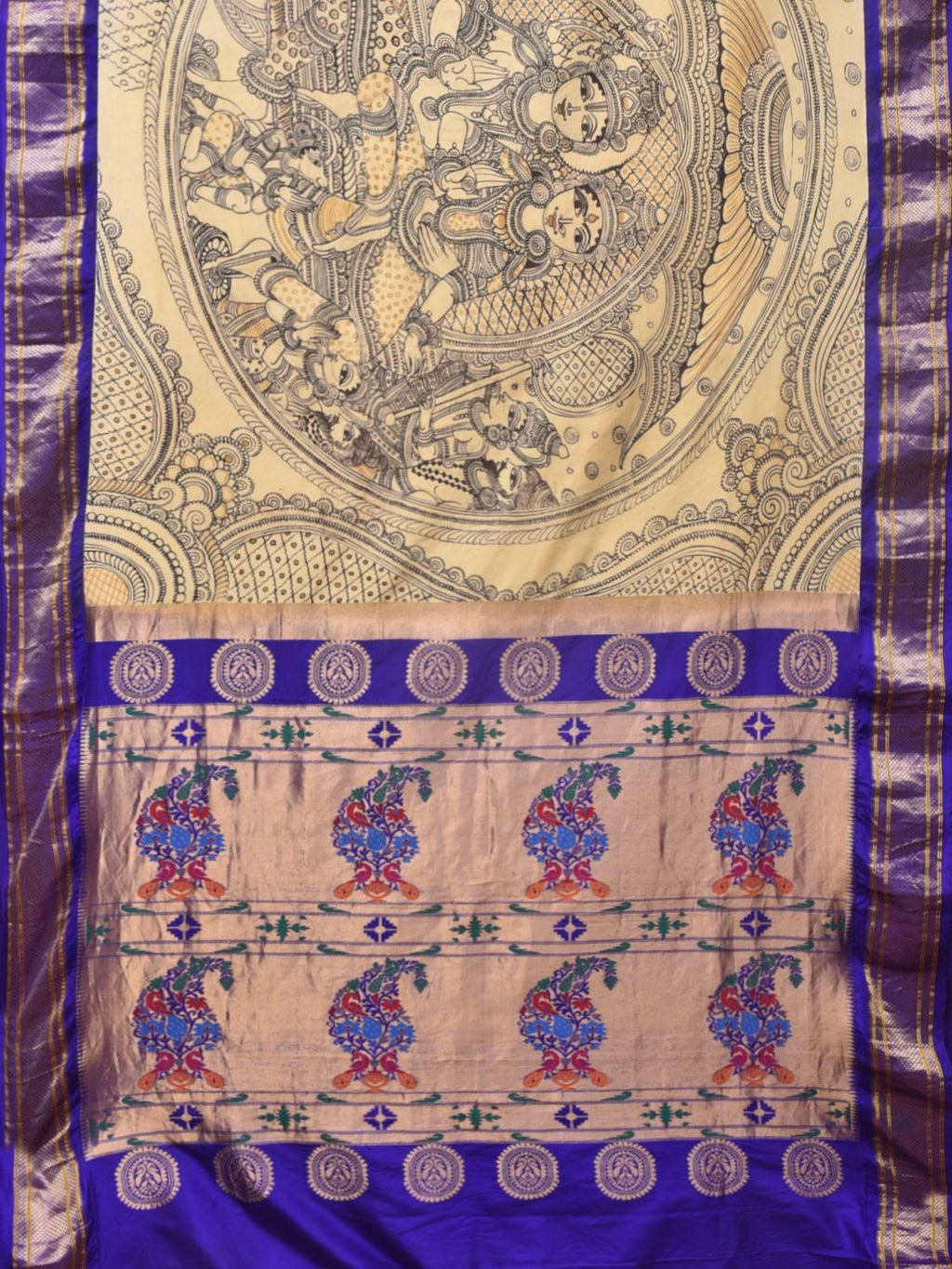 Cream and Blue Kalamkari Hand Painted Paithani Silk Handloom Saree with Ramayana Design - Global Threads