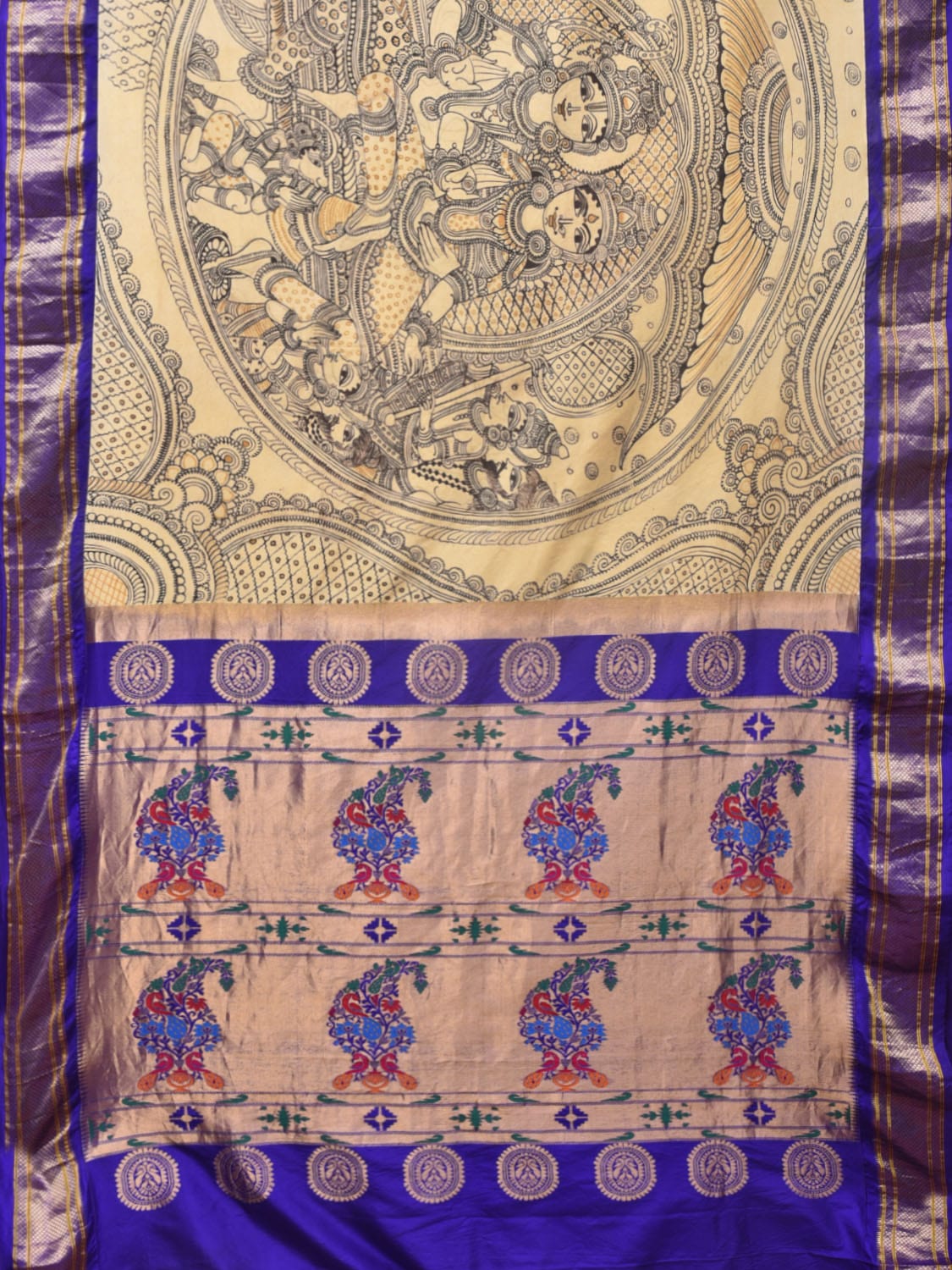Cream and Blue Kalamkari Hand Painted Paithani Silk Handloom Saree with Ramayana Design - Global Threads
