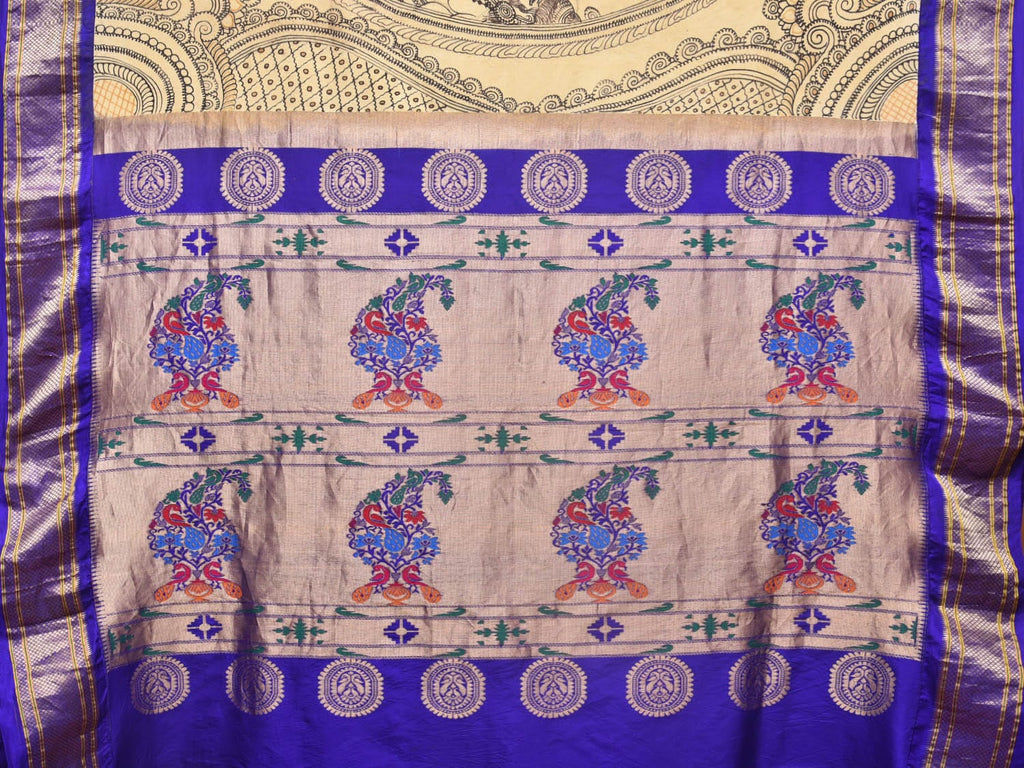Cream and Blue Kalamkari Hand Painted Paithani Silk Handloom Saree with Ramayana Design - Global Threads