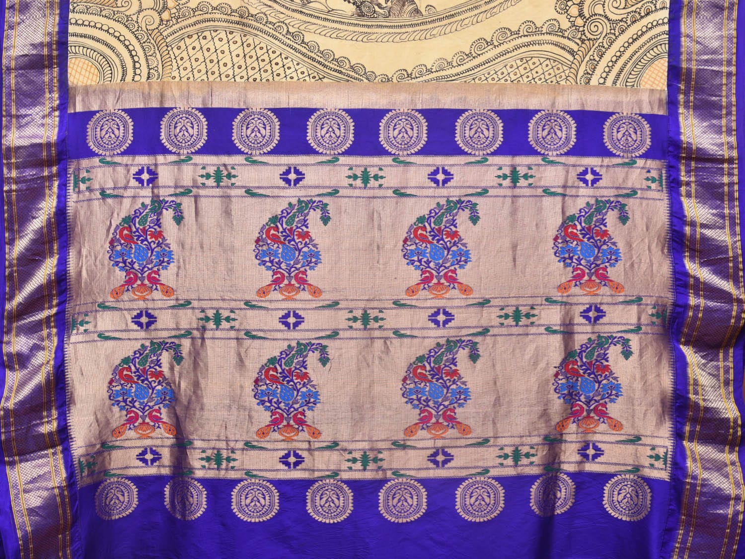 Cream and Blue Kalamkari Hand Painted Paithani Silk Handloom Saree with Ramayana Design - Global Threads