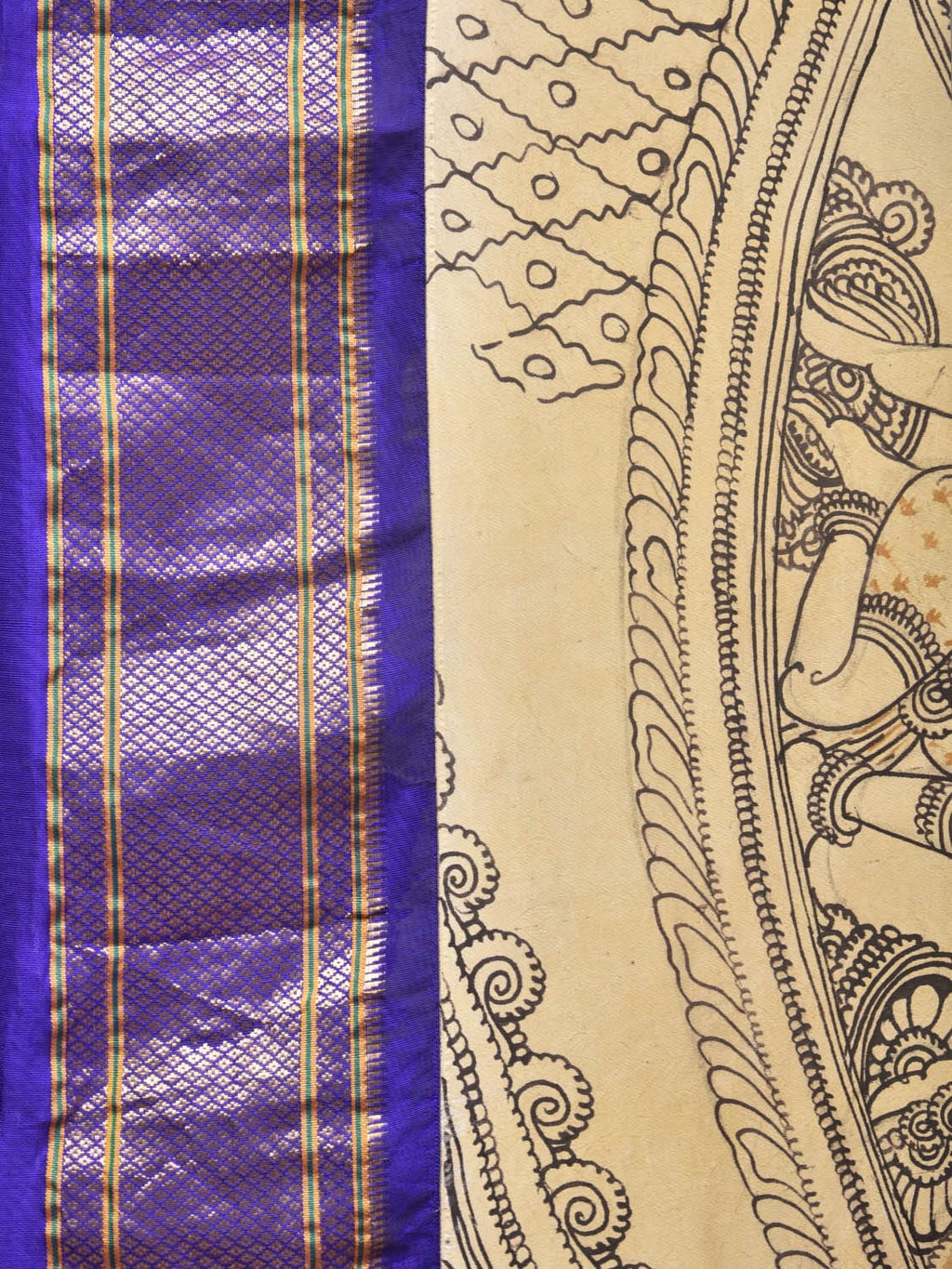 Cream and Blue Kalamkari Hand Painted Paithani Silk Handloom Saree with Ramayana Design - Global Threads