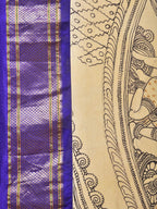 Cream and Blue Kalamkari Hand Painted Paithani Silk Handloom Saree with Ramayana Design - Global Threads