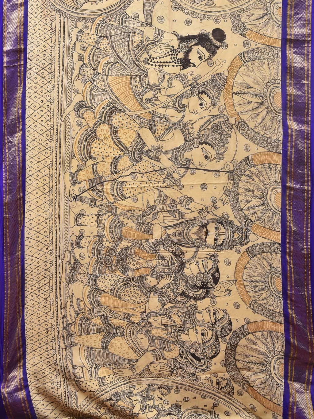 Cream and Blue Kalamkari Hand Painted Paithani Silk Handloom Saree with Ramayana Design - Global Threads