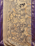 Cream and Blue Kalamkari Hand Painted Paithani Silk Handloom Saree with Ramayana Design - Global Threads