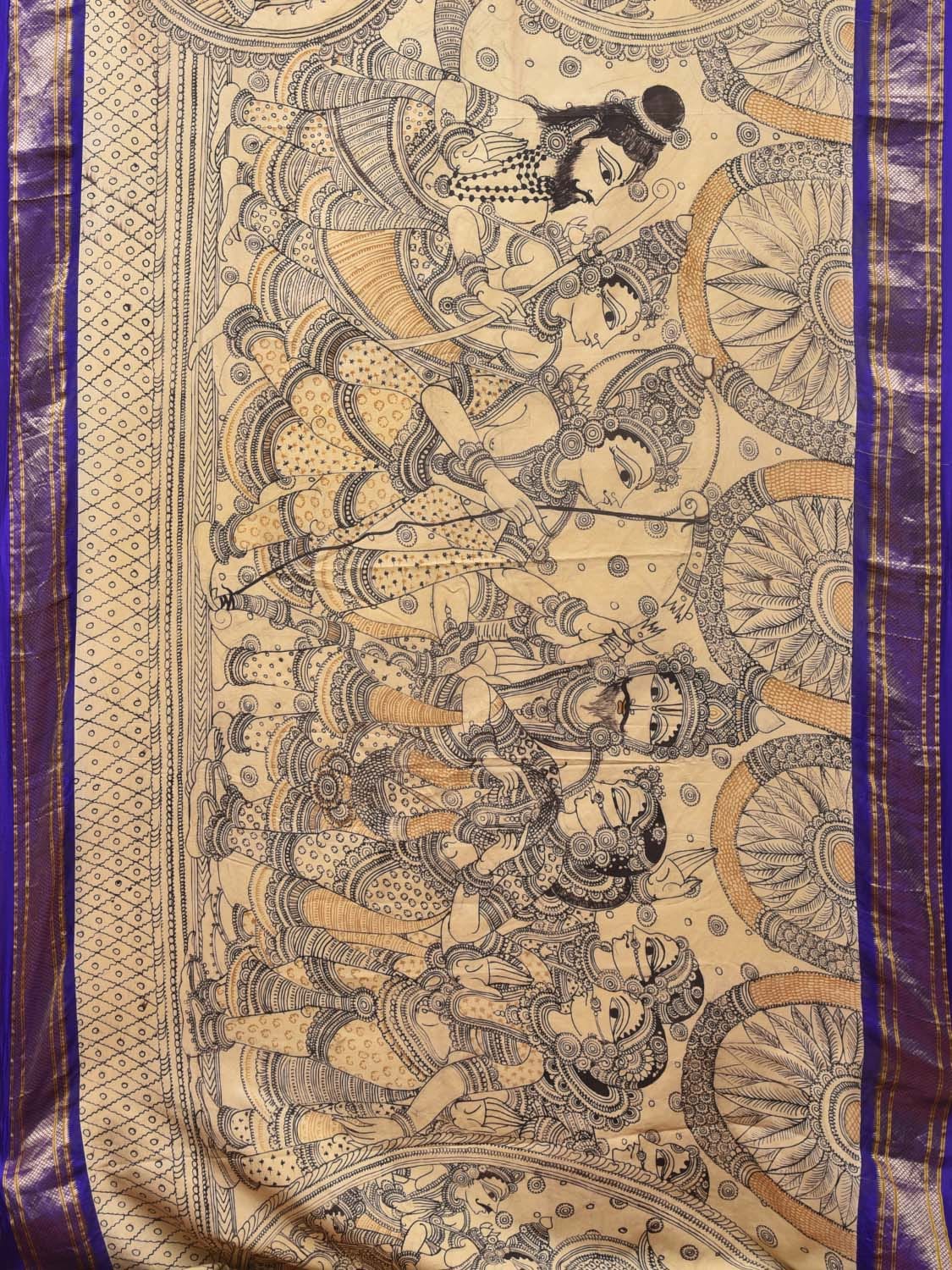 Cream and Blue Kalamkari Hand Painted Paithani Silk Handloom Saree with Ramayana Design - Global Threads