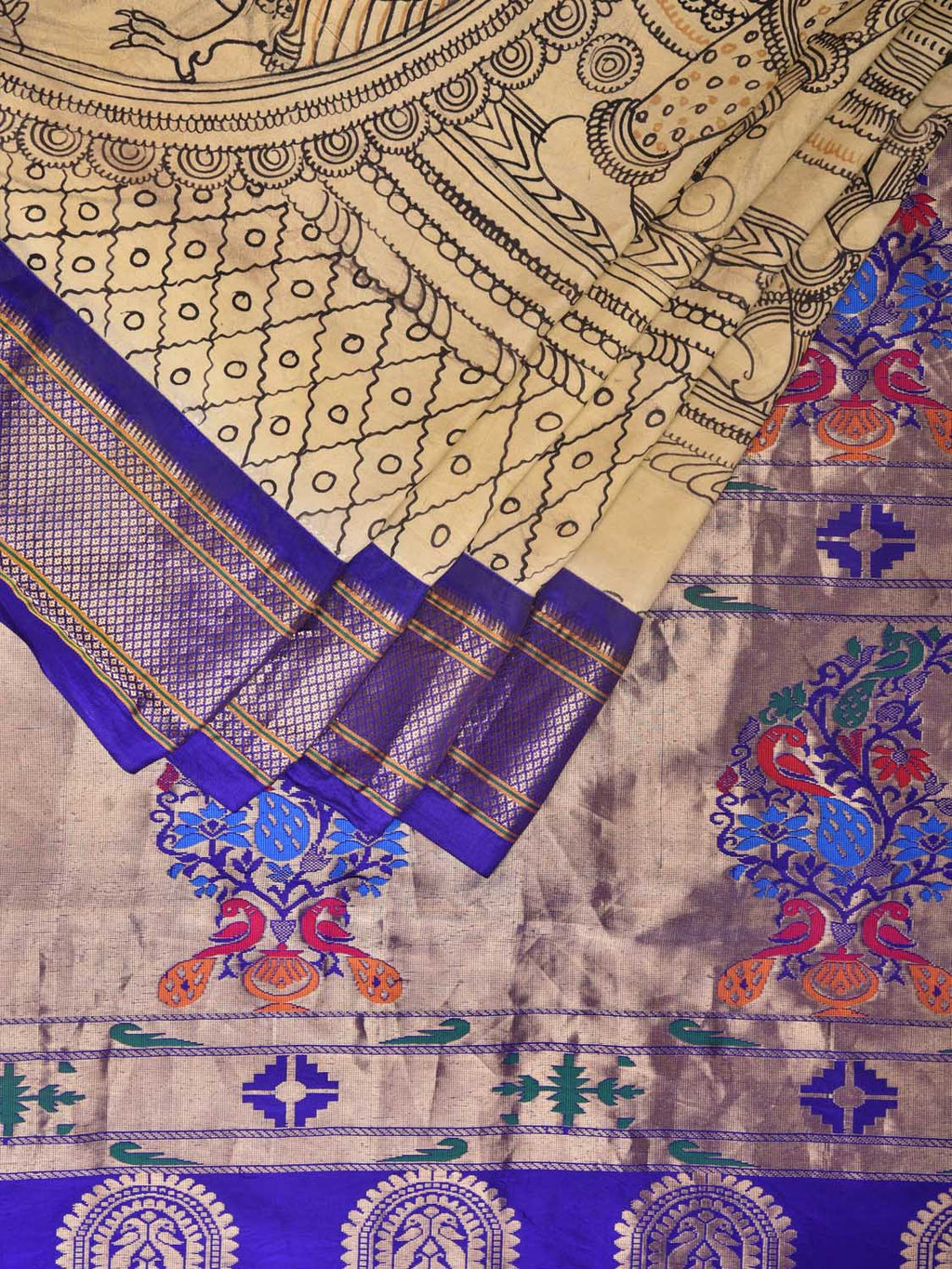Cream and Blue Kalamkari Hand Painted Paithani Silk Handloom Saree with Ramayana Design - Global Threads