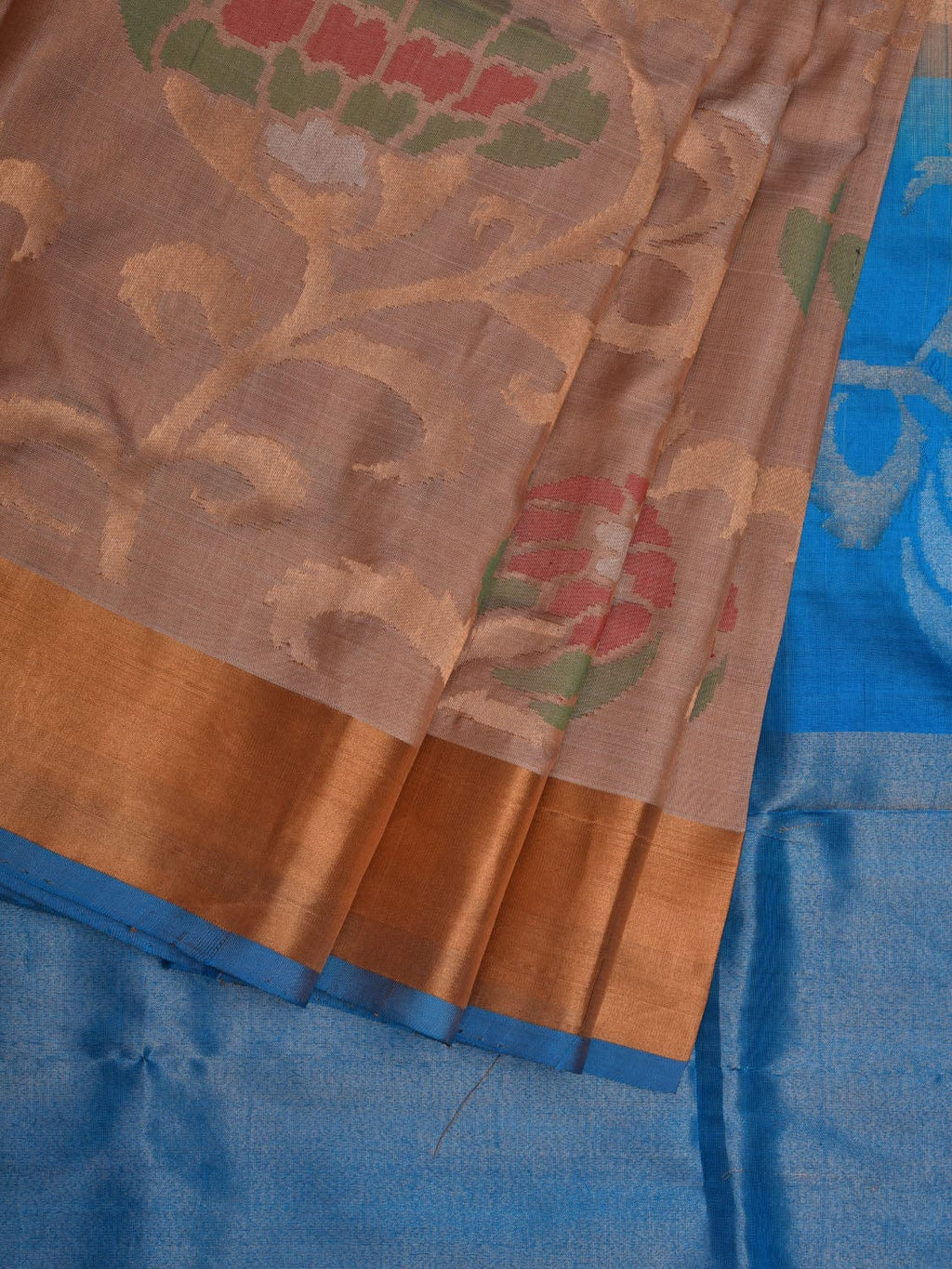Cream and Blue Uppada Silk Handloom Saree with All Over Design - Global Threads