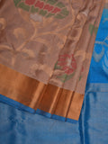 Cream and Blue Uppada Silk Handloom Saree with All Over Design - Global Threads