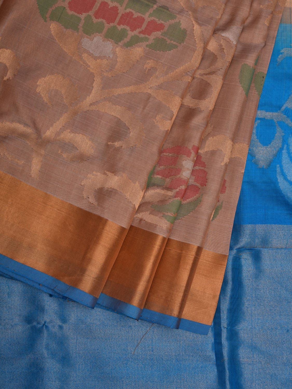 Cream and Blue Uppada Silk Handloom Saree with All Over Design - Global Threads