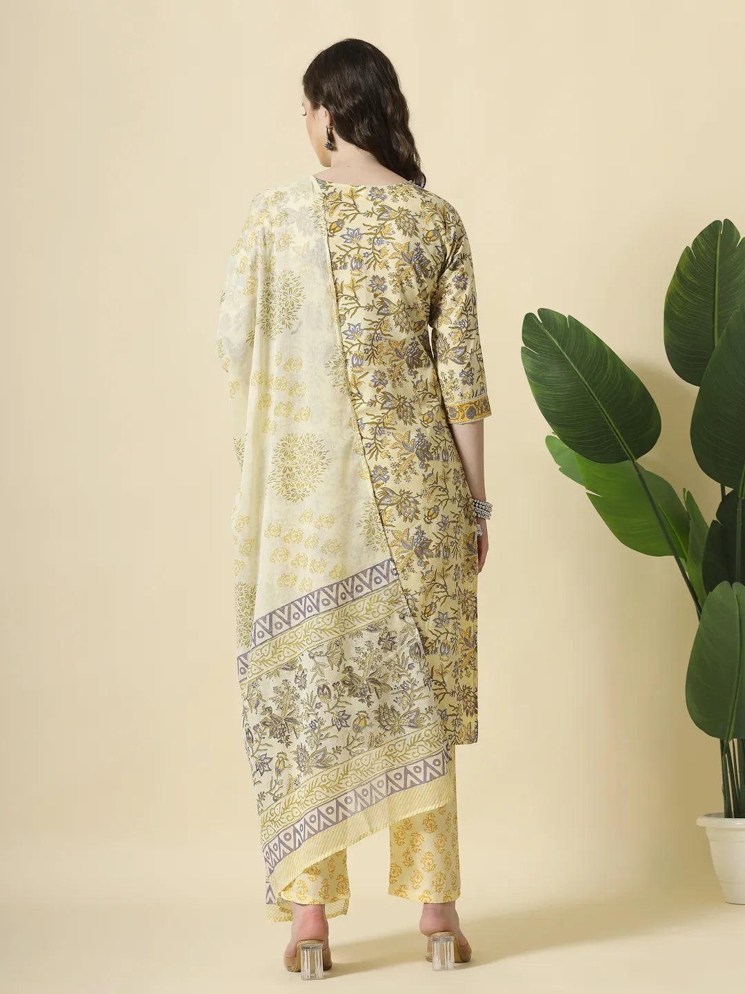 Yufta Cream And Brown Cotton Sequins Work Kurta Set With Pant & Dupatta - Distacart