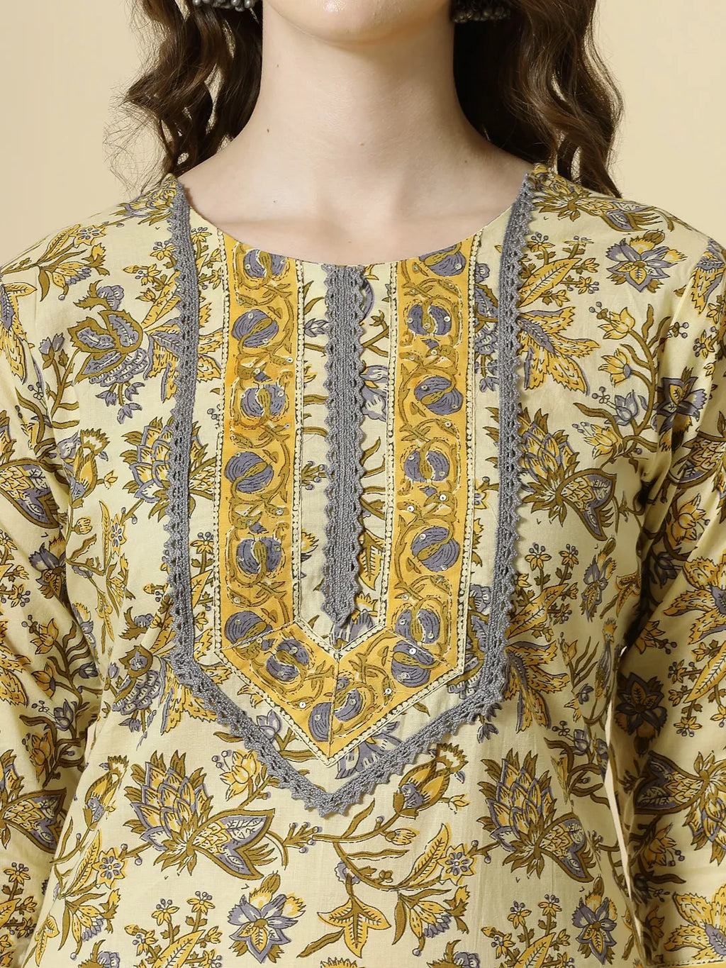 Yufta Cream And Brown Cotton Sequins Work Kurta Set With Pant & Dupatta - Distacart