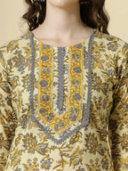 Yufta Cream And Brown Cotton Sequins Work Kurta Set With Pant & Dupatta - Distacart