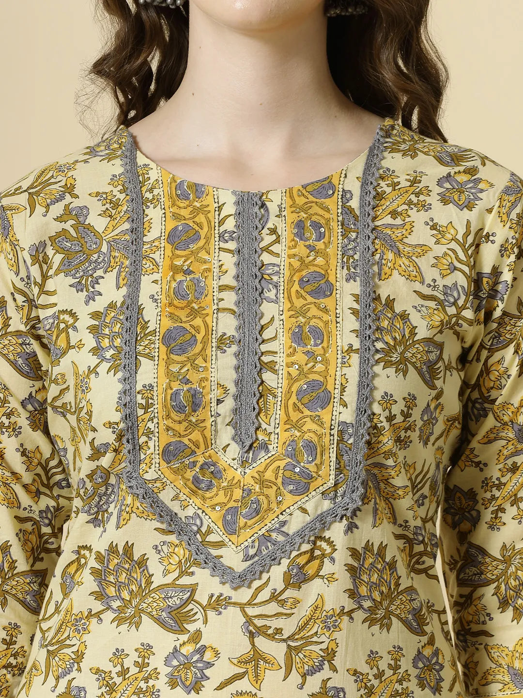 Yufta Cream And Brown Cotton Sequins Work Kurta Set With Pant & Dupatta - Distacart