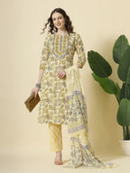 Yufta Cream And Brown Cotton Sequins Work Kurta Set With Pant & Dupatta - Distacart