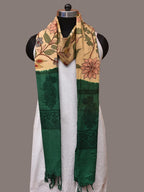 Cream and Green Kalamkari Hand Painted Cotton Silk Handloom Dupatta with Floral and Embroidery Design - Global Threads