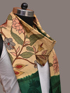 Cream and Green Kalamkari Hand Painted Cotton Silk Handloom Dupatta with Floral and Embroidery Design - Global Threads