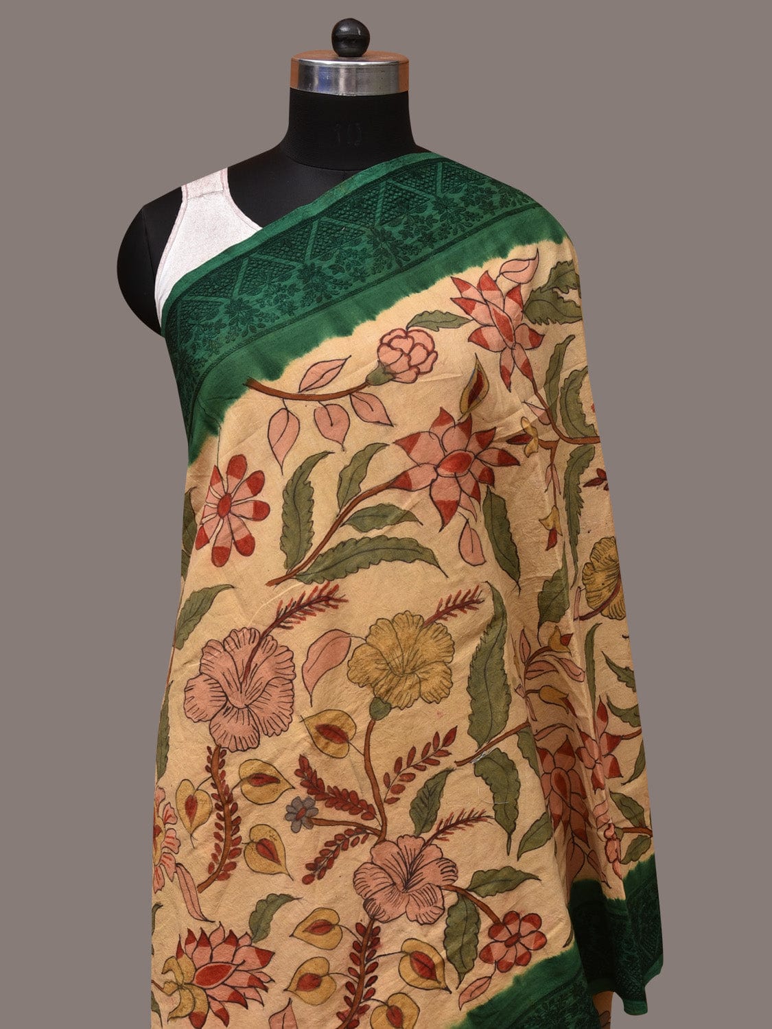Cream and Green Kalamkari Hand Painted Cotton Silk Handloom Dupatta with Floral and Embroidery Design - Global Threads