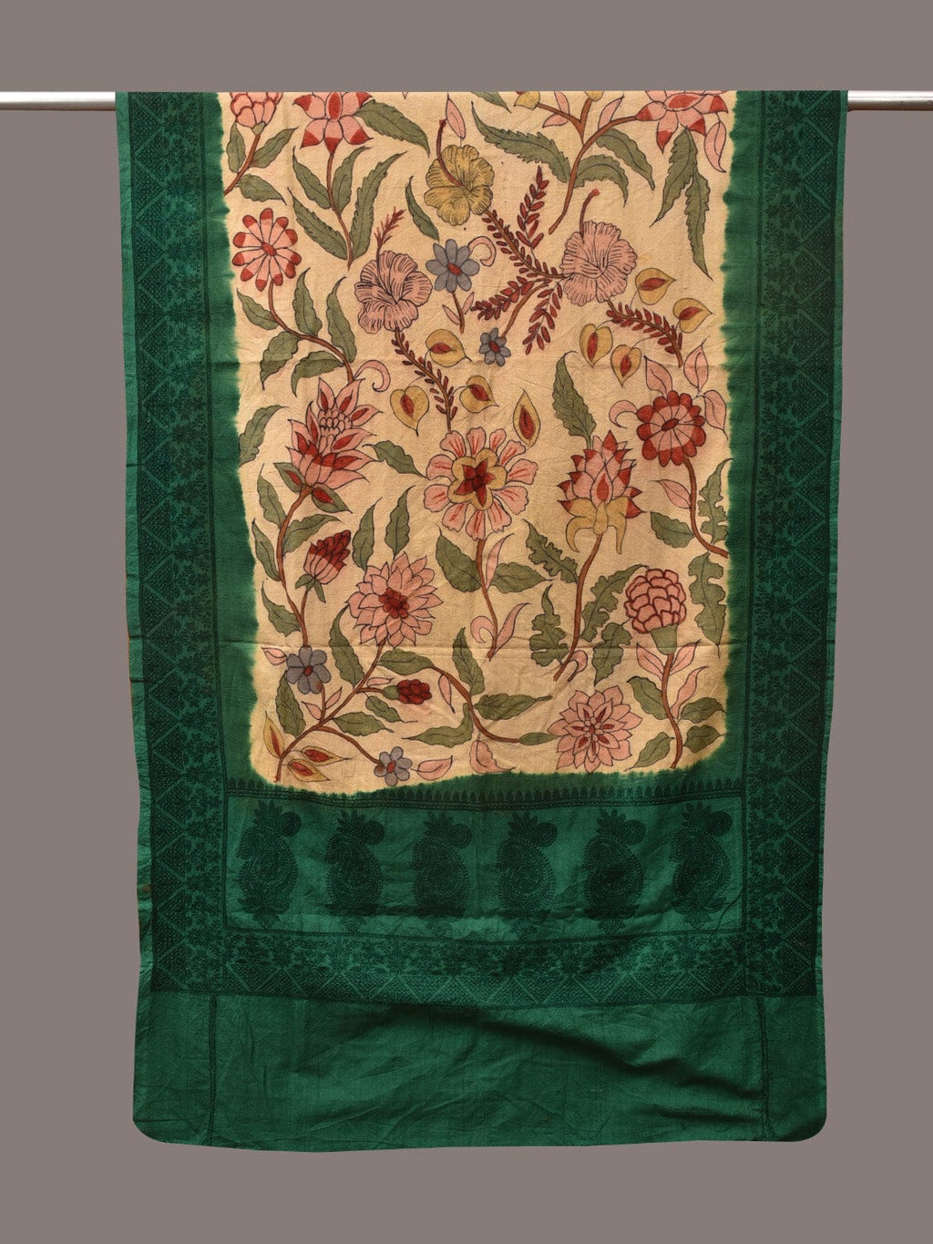 Cream and Green Kalamkari Hand Painted Cotton Silk Handloom Dupatta with Floral and Embroidery Design - Global Threads