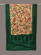Cream and Green Kalamkari Hand Painted Cotton Silk Handloom Dupatta with Floral and Embroidery Design - Global Threads