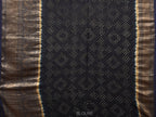 Cream and Navy Bandhani Kanchipuram Silk Handloom Saree with Kalamkari Cows Design - Global Threads