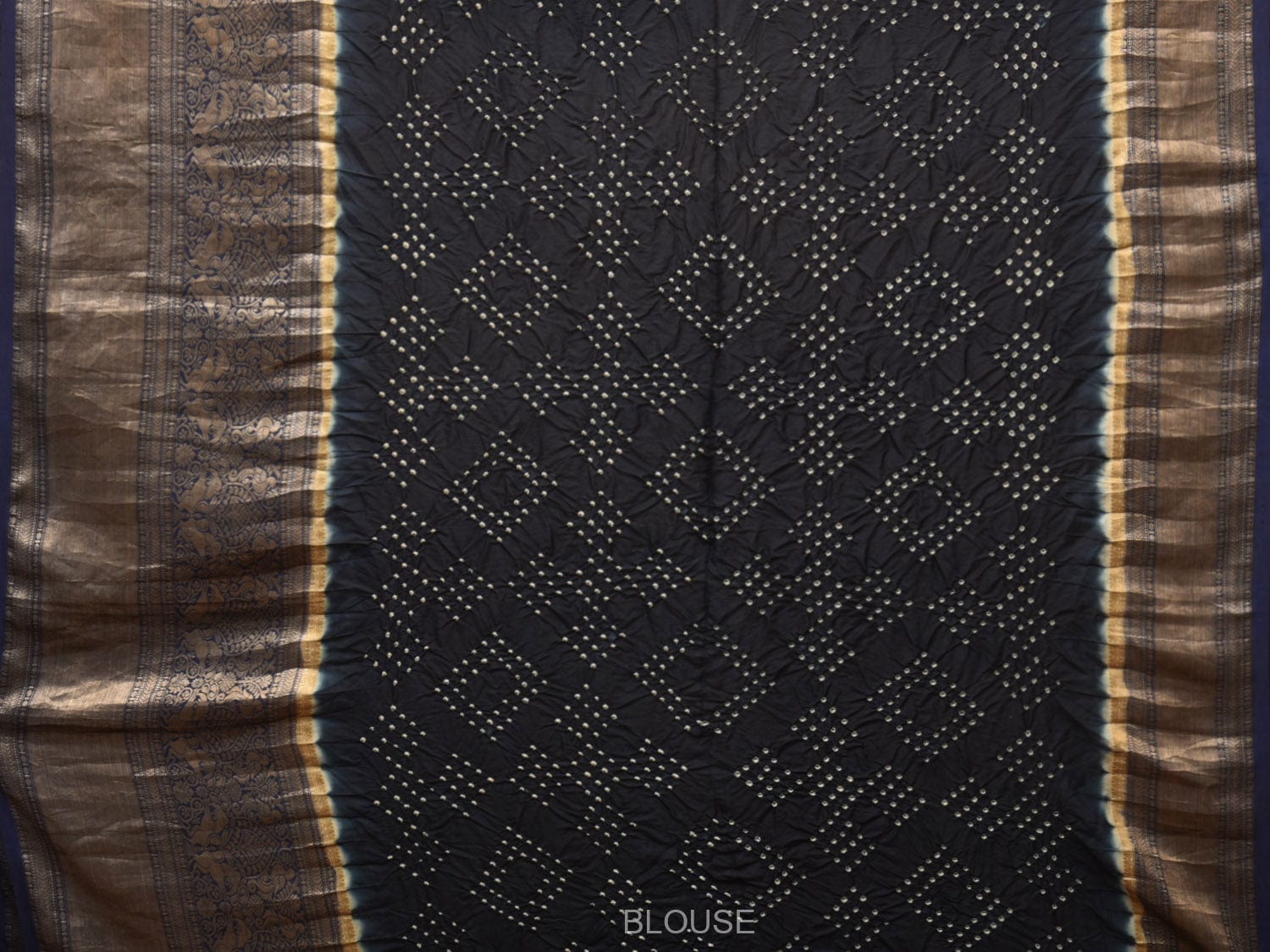 Cream and Navy Bandhani Kanchipuram Silk Handloom Saree with Kalamkari Cows Design - Global Threads