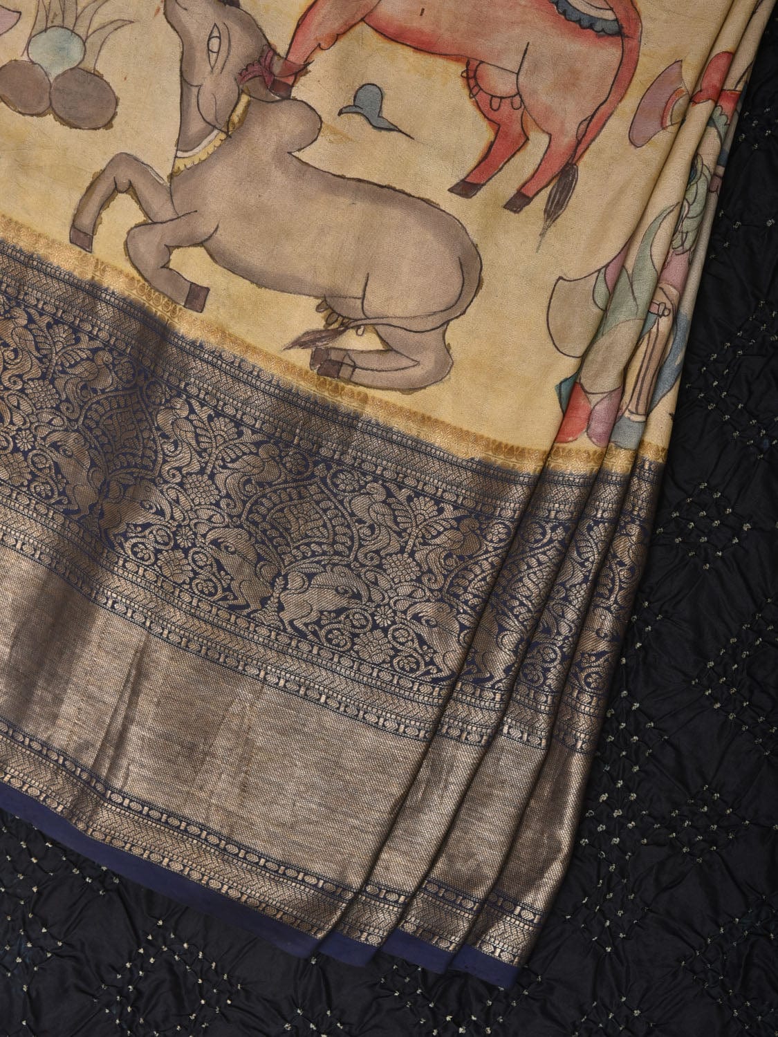 Cream and Navy Bandhani Kanchipuram Silk Handloom Saree with Kalamkari Cows Design - Global Threads