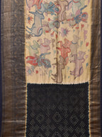 Cream and Navy Bandhani Kanchipuram Silk Handloom Saree with Kalamkari Cows Design - Global Threads