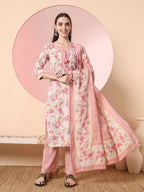 Yufta Cream And Peach Pure Cotton Yuck Design Kurta Dupatta Set With Pants - Distacart
