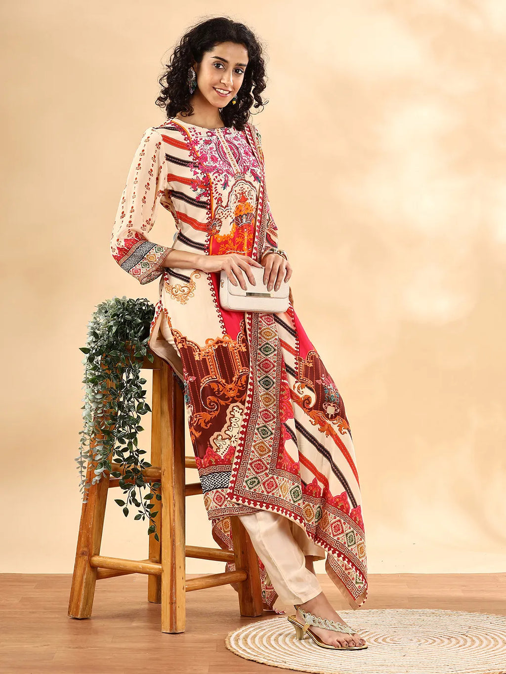 Yufta Cream And Pink Silk Crepe Sequins Work Straight Kurta Dupatta Pant Set - Distacart