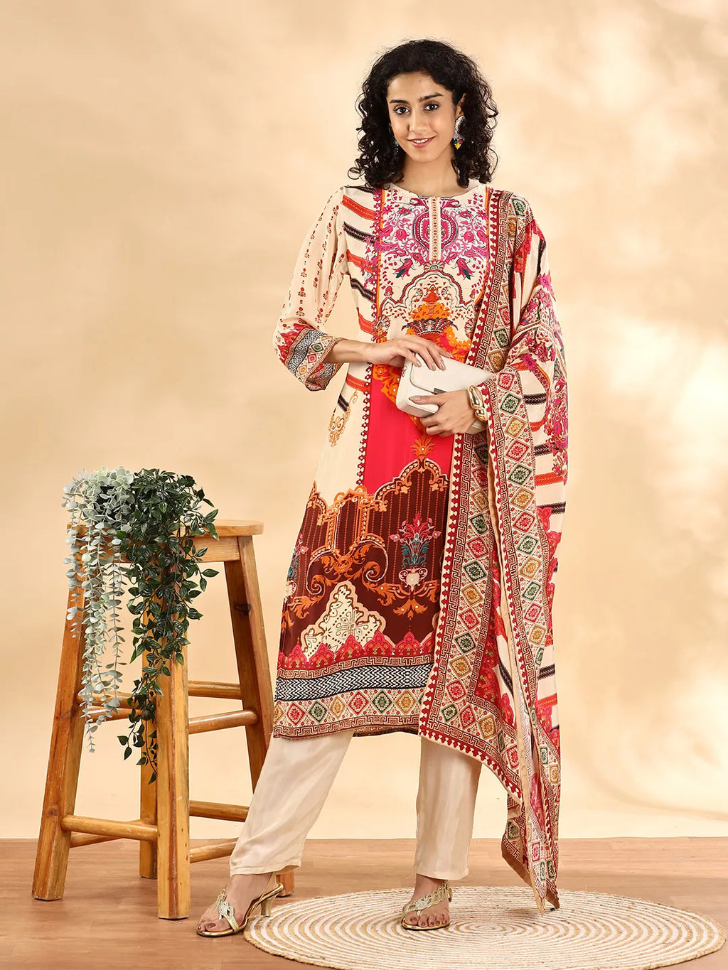 Yufta Cream And Pink Silk Crepe Sequins Work Straight Kurta Dupatta Pant Set - Distacart