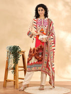 Yufta Cream And Pink Silk Crepe Sequins Work Straight Kurta Dupatta Pant Set - Distacart
