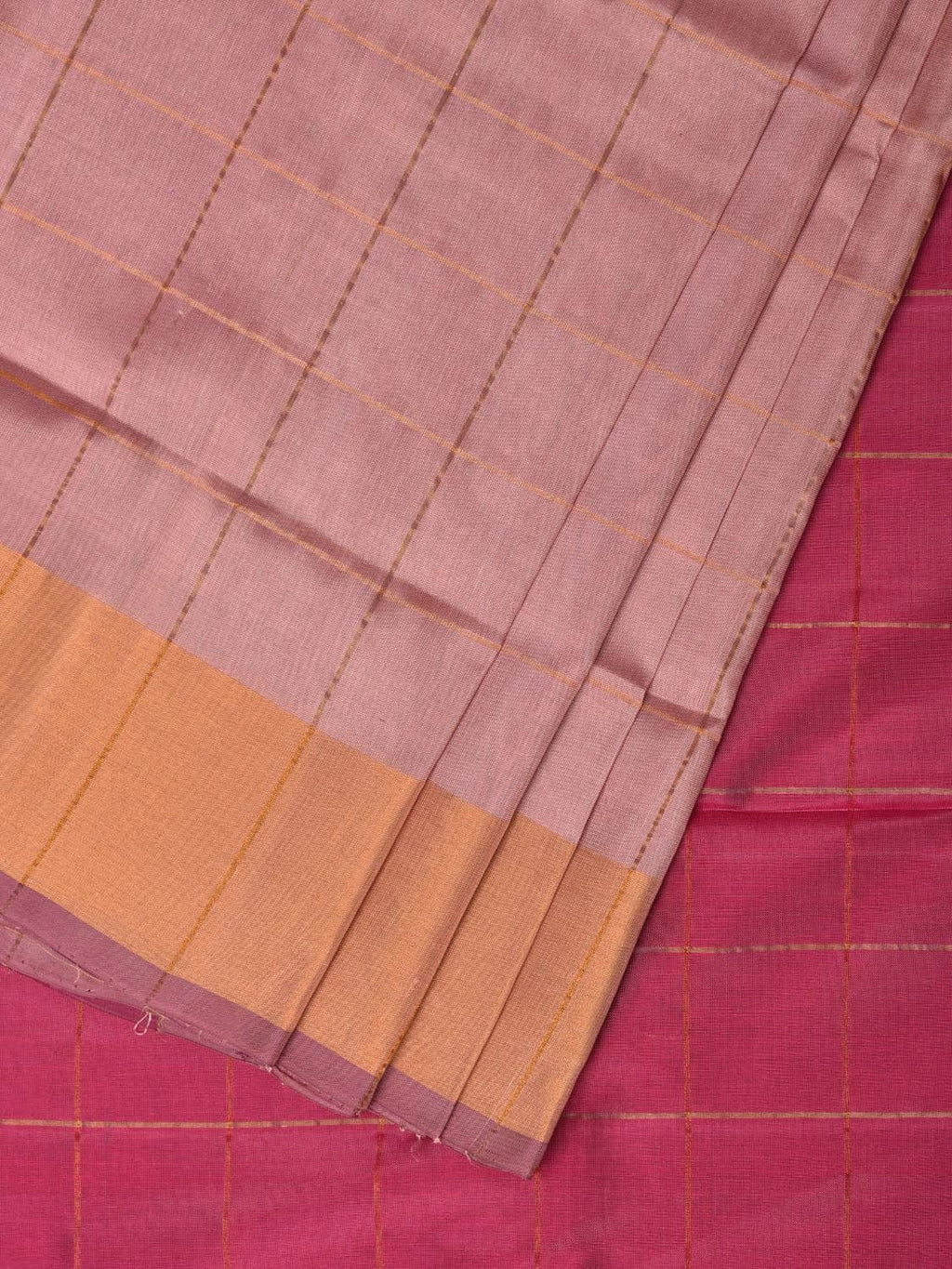 Cream and Pink Uppada Silk Handloom Saree with Checks and Contrast Pallu Design - Global Threads