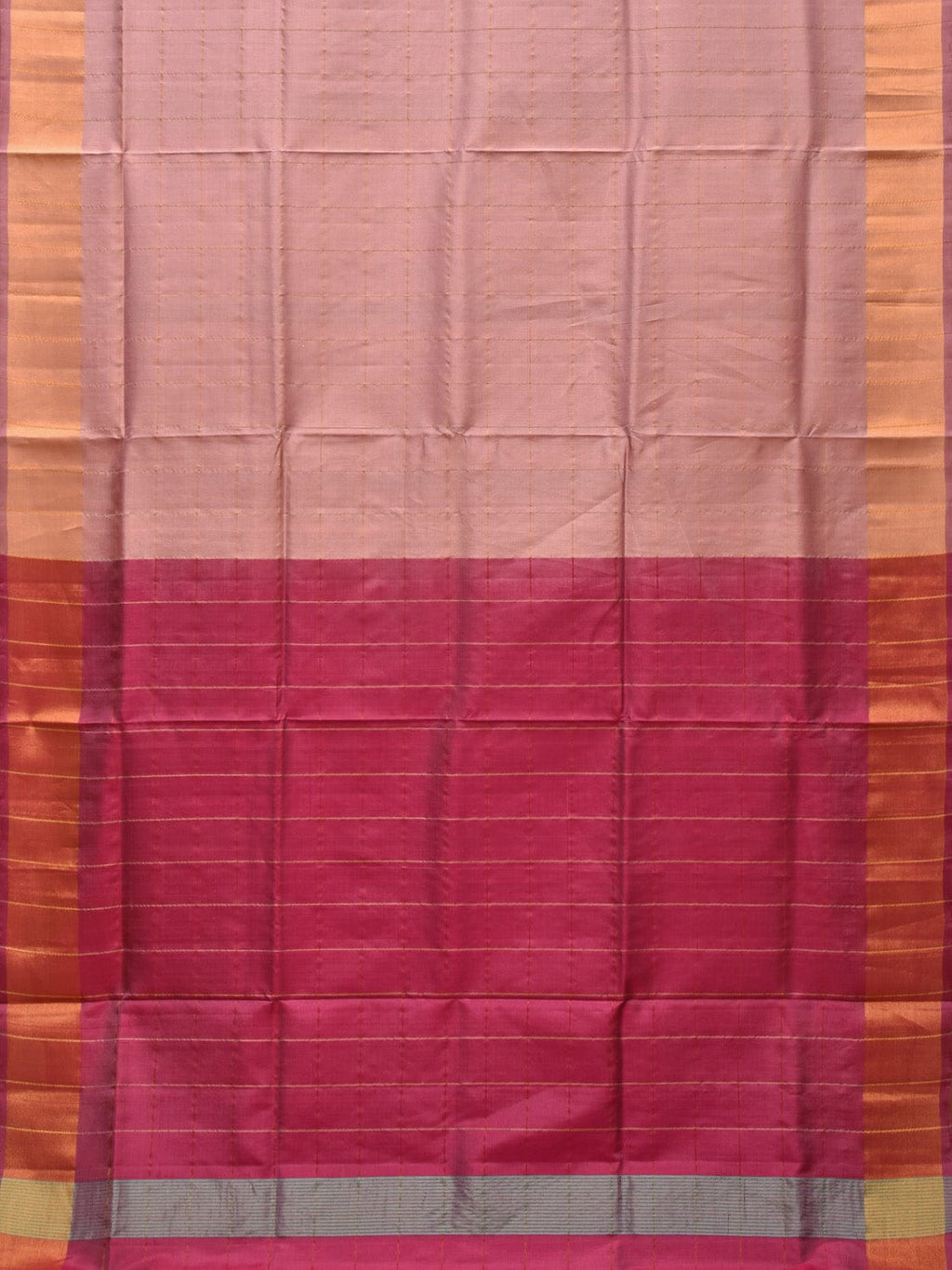 Cream and Pink Uppada Silk Handloom Saree with Checks and Contrast Pallu Design - Global Threads