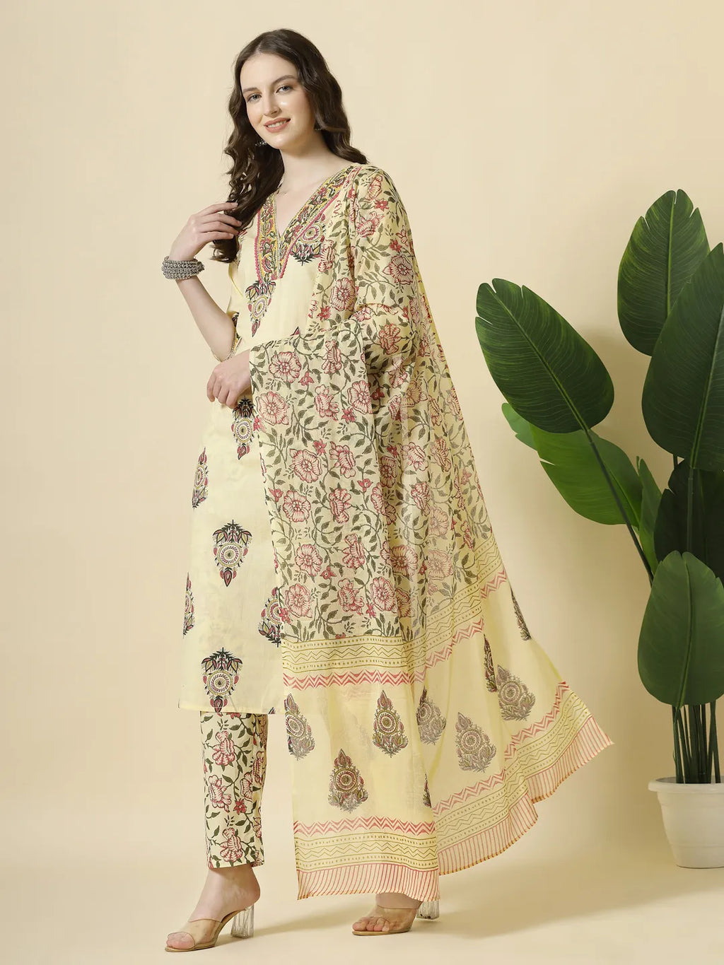 Yufta Cream Cotton Cutdana Work Kurta Set With Pant & Dupatta - Distacart