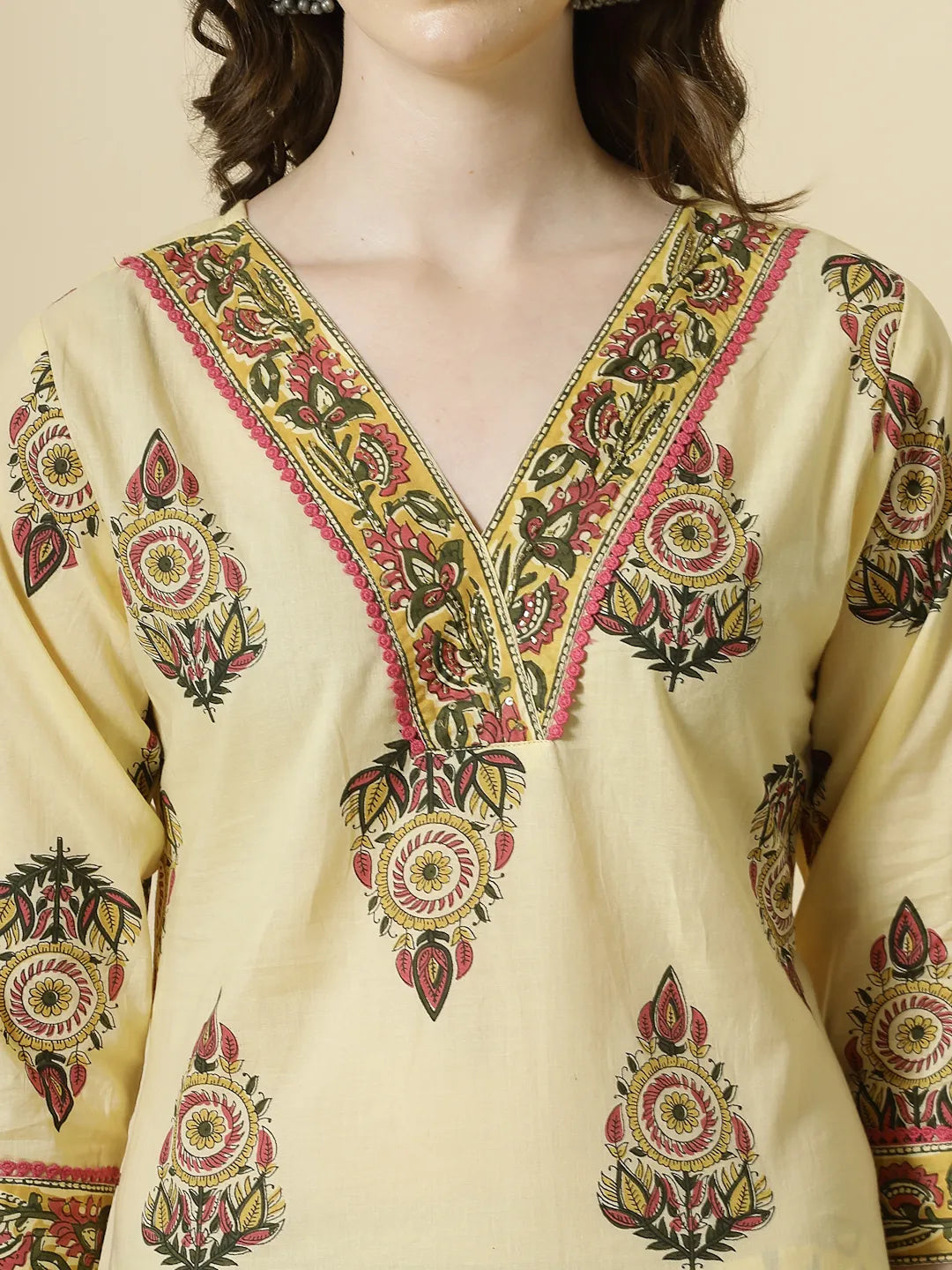 Yufta Cream Cotton Cutdana Work Kurta Set With Pant & Dupatta - Distacart