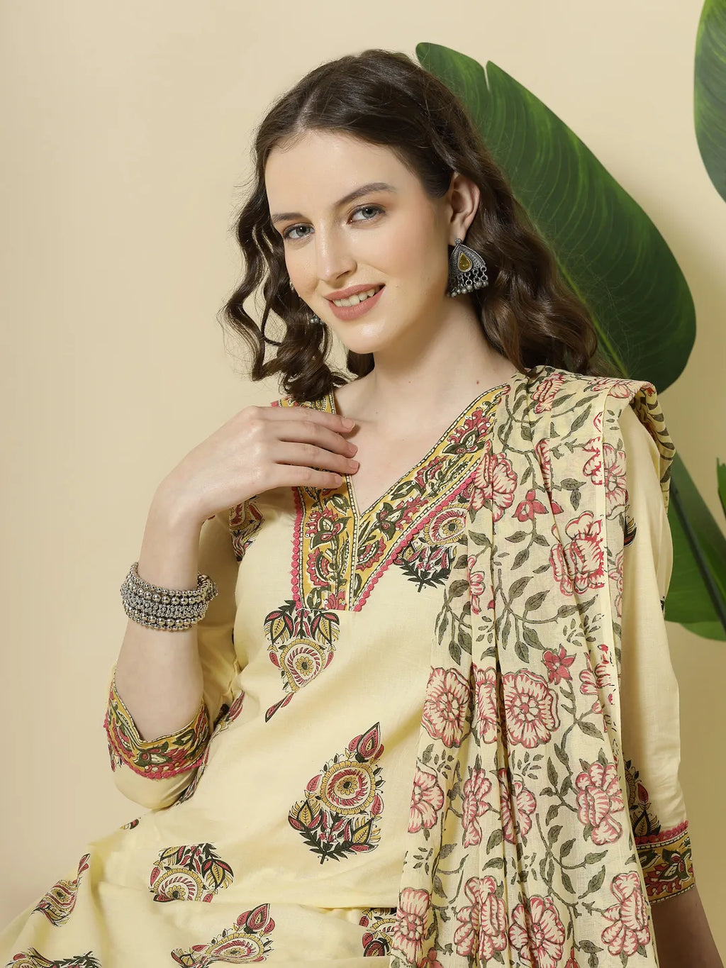 Yufta Cream Cotton Cutdana Work Kurta Set With Pant & Dupatta - Distacart