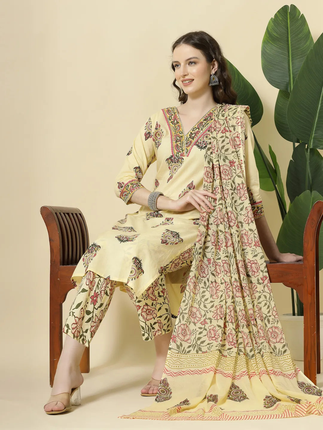 Yufta Cream Cotton Cutdana Work Kurta Set With Pant & Dupatta - Distacart