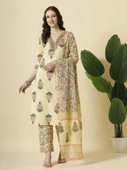 Yufta Cream Cotton Cutdana Work Kurta Set With Pant & Dupatta - Distacart