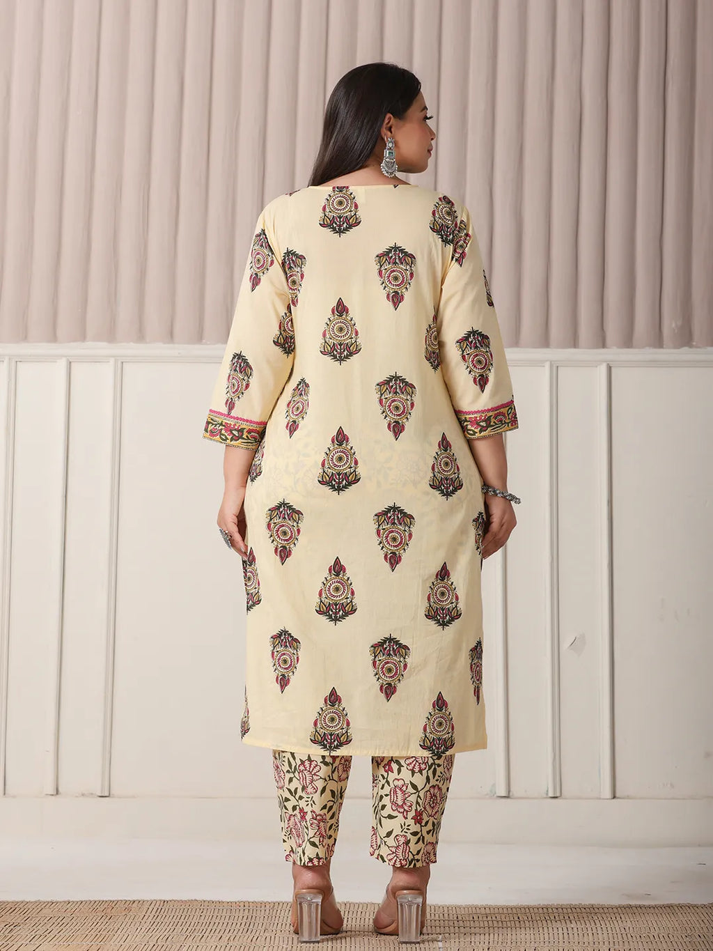Yufta Cream Cotton Cutdana Work Plus Size Kurta Set With Pant & Dupatta - Distacart