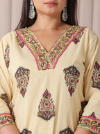Yufta Cream Cotton Cutdana Work Plus Size Kurta Set With Pant & Dupatta - Distacart