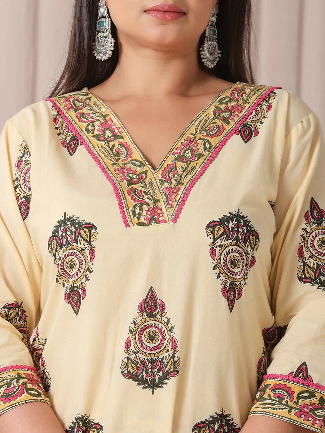 Yufta Cream Cotton Cutdana Work Plus Size Kurta Set With Pant & Dupatta - Distacart