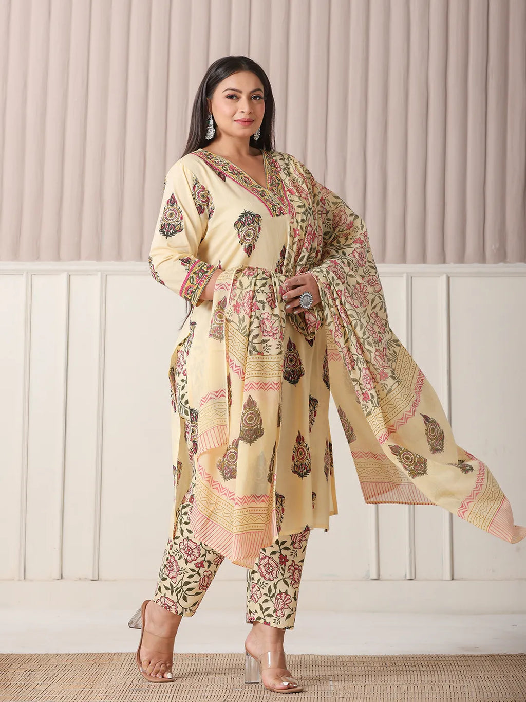 Yufta Cream Cotton Cutdana Work Plus Size Kurta Set With Pant & Dupatta - Distacart