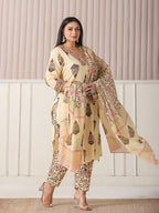 Yufta Cream Cotton Cutdana Work Plus Size Kurta Set With Pant & Dupatta - Distacart