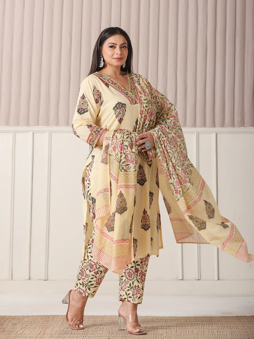 Yufta Cream Cotton Cutdana Work Plus Size Kurta Set With Pant & Dupatta - Distacart